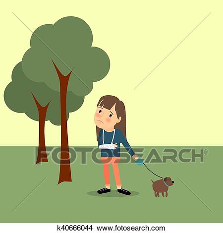 Girl with broken arm and dog Clipart.