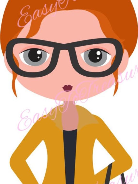 Girl with glasses clipart, Redhead girl clip art, Girl with bun.