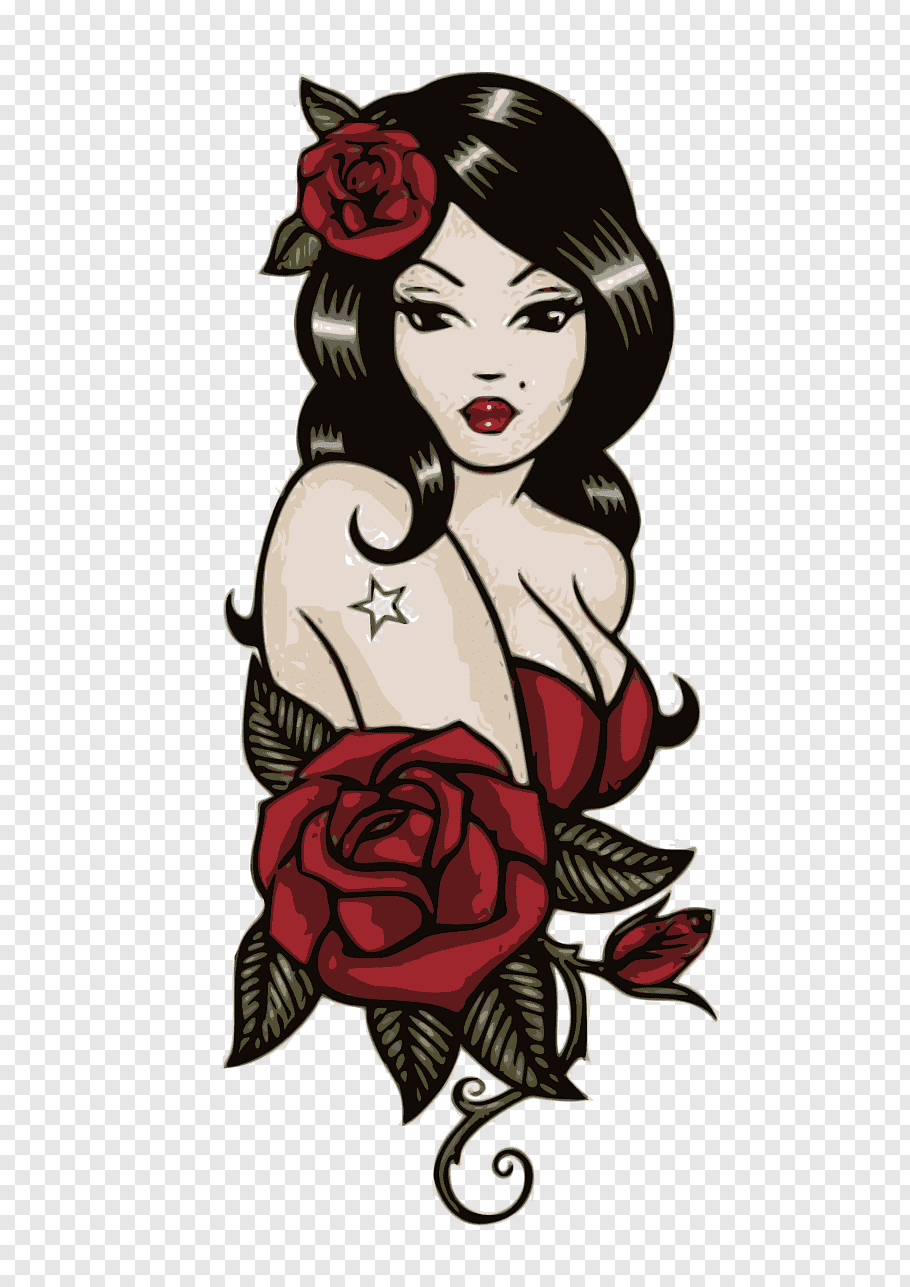 Woman with red rose flowers illustration, Old school (tattoo.