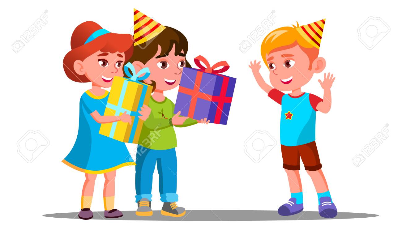 Children Give Birthday Gifts To A Friend Vector. Illustration.