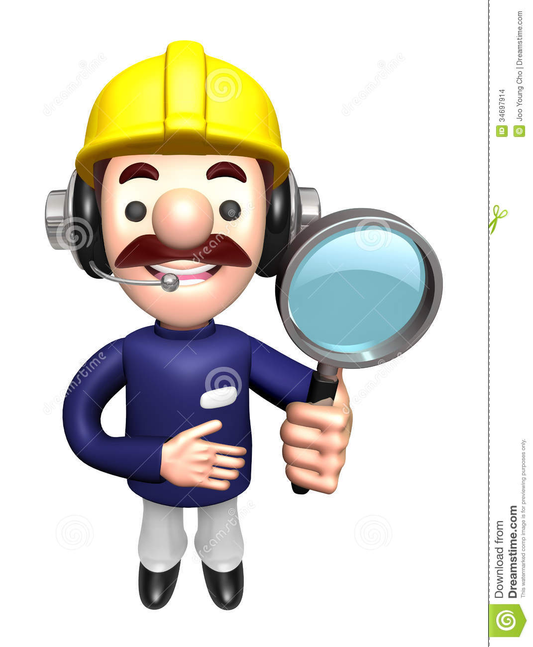3D Construction Site Man Mascot Examine A With Magnifying Glass.