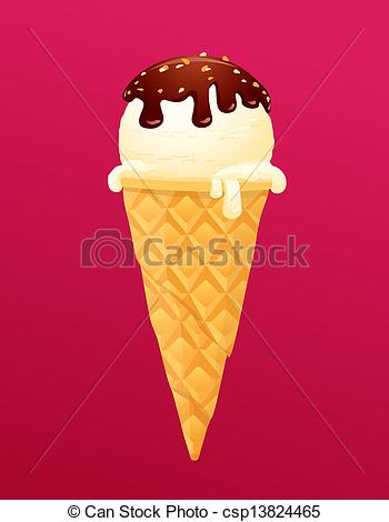 Clip Art Vector of Vanilla Ice cream cone with Chocolate glaze.