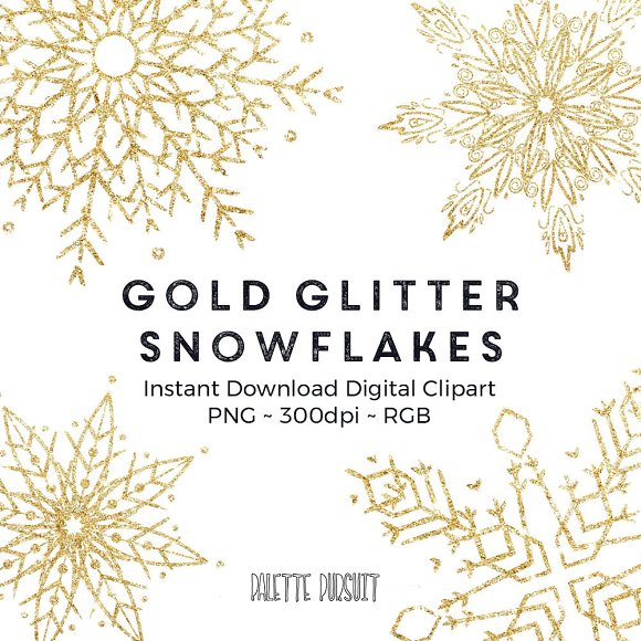 Gold glitter snowflakes clip art.