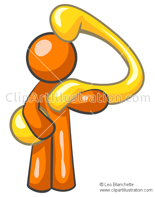 ClipArt Illustration of Gold Question Mark Held by Orange Man.