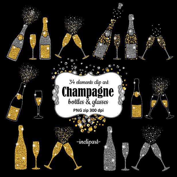 Champagne Clipart. Bottles & glasses glitter overlay clip.