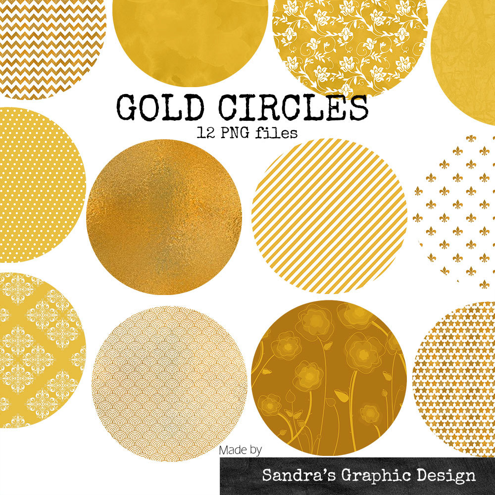 Clip art: “GOLD CIRCLES” with various patterns in color gold, 12.