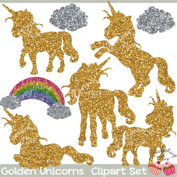Golden Unicorns Gold Glitter Unicorn Silhouettes Clipart Set.