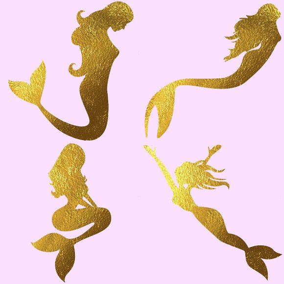 Gold Foil & Galaxy Mermaids Clipart.