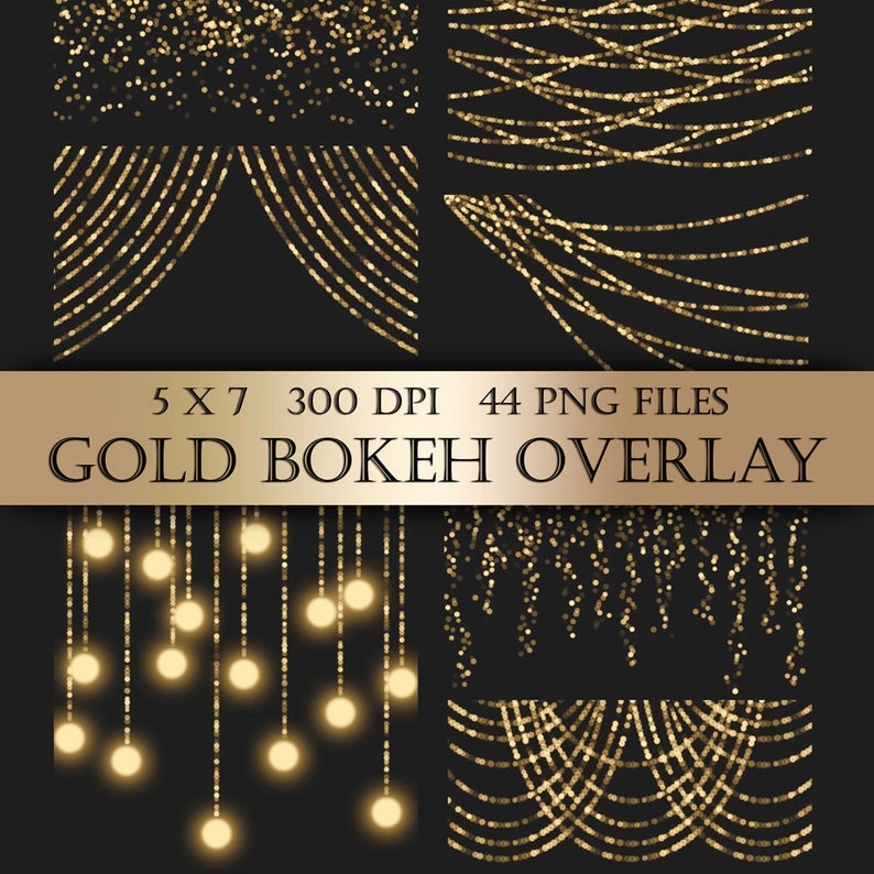 Gold Bokeh String Lights Digital Clipart Overlay.