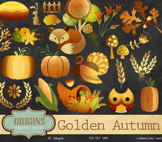 Golden Autumn Woodland Clipart Fall Forest Clip art Gold.