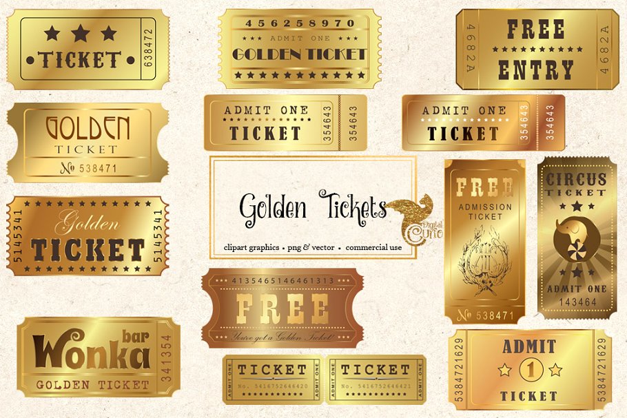 Golden Tickets Vector Clipart.