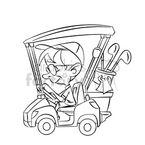 black and white image of man driving a golf cart nino en carro de golf  negro clipart. Royalty.