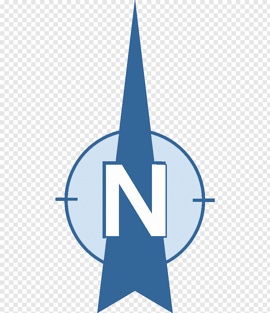 Blue and white N with arrow logo, North Arrow Compass rose.