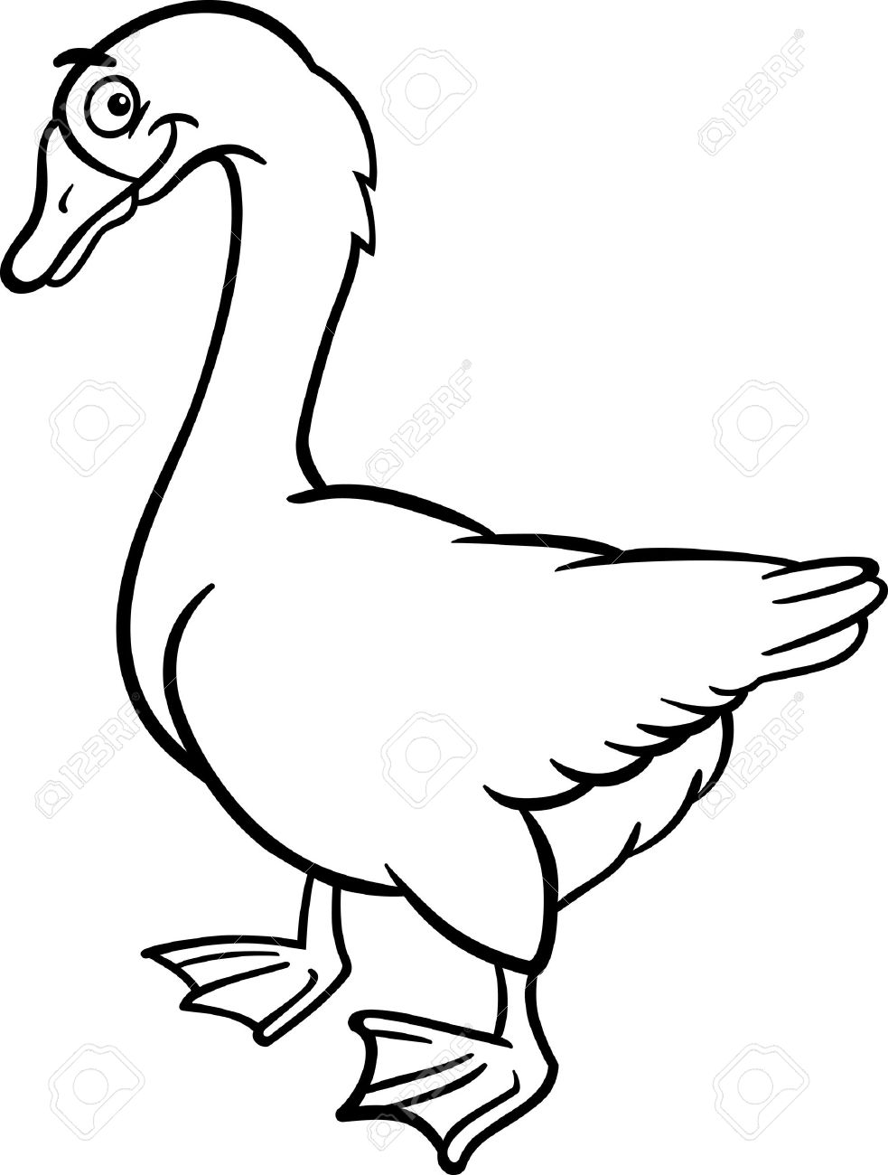 Black and White Cartoon Illustration of Funny Goose Farm Bird...