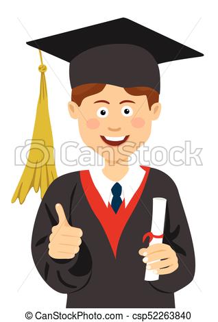 Young boy graduate student in graduation cap and mantle with a university  diploma in his hand giving thumbs up.