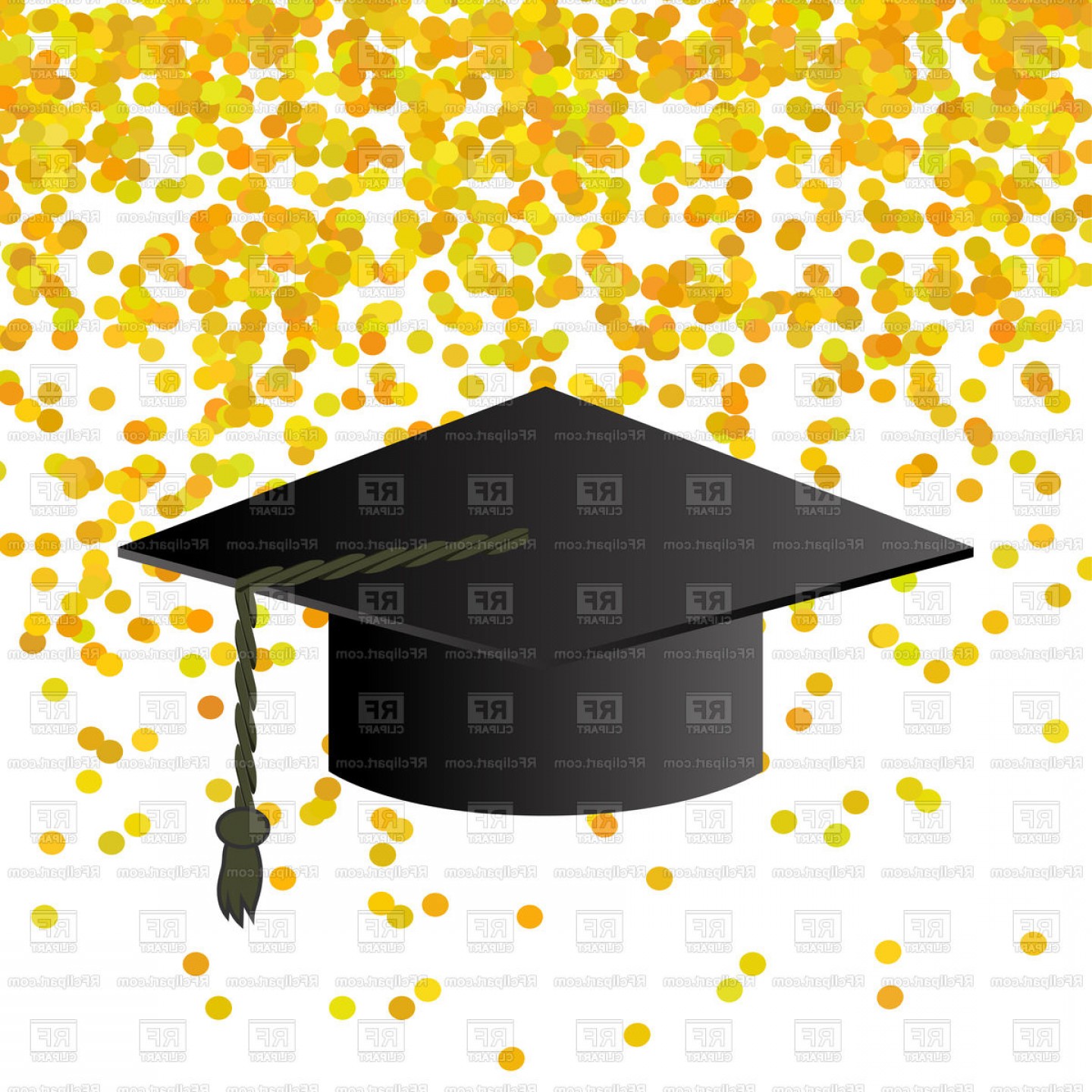 Black Graduation Cap On Yellow Confetti Background Vector.