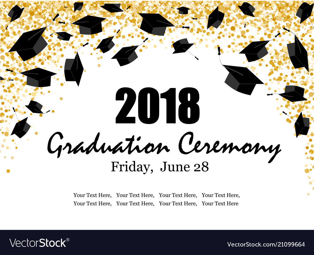Graduate caps and the gold confetti banner.