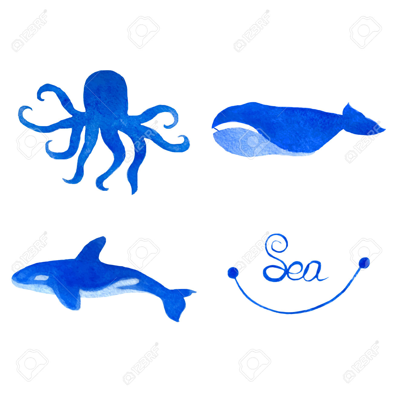 Set Of Ocean Animals. Watercolor Vector Illustration. Bright.