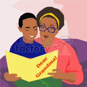 Grandma reading a book to her grandson clipart. Royalty.