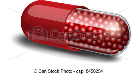 Clipart Vector of Medical red capsule with granules on white.