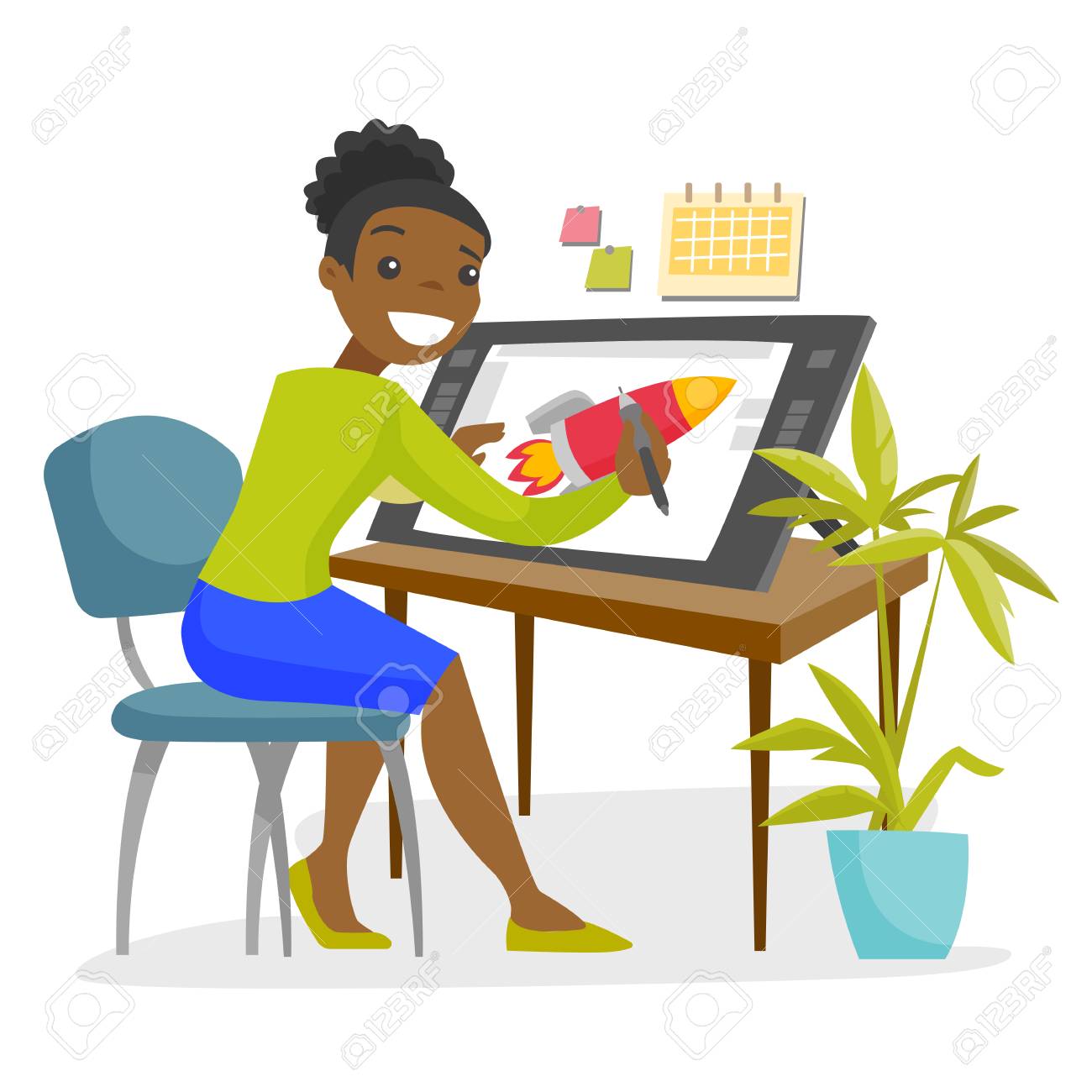 A black woman graphic designer or freelance artist works using...