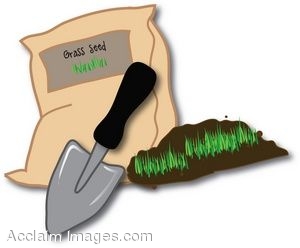Clipart Illustration of A Bag of Grass Seeds and New Grass in Soil.