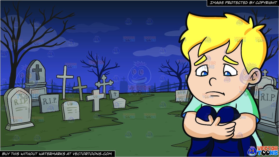 A Sad Boy Making Himself Feel Small and A Graveyard Background.