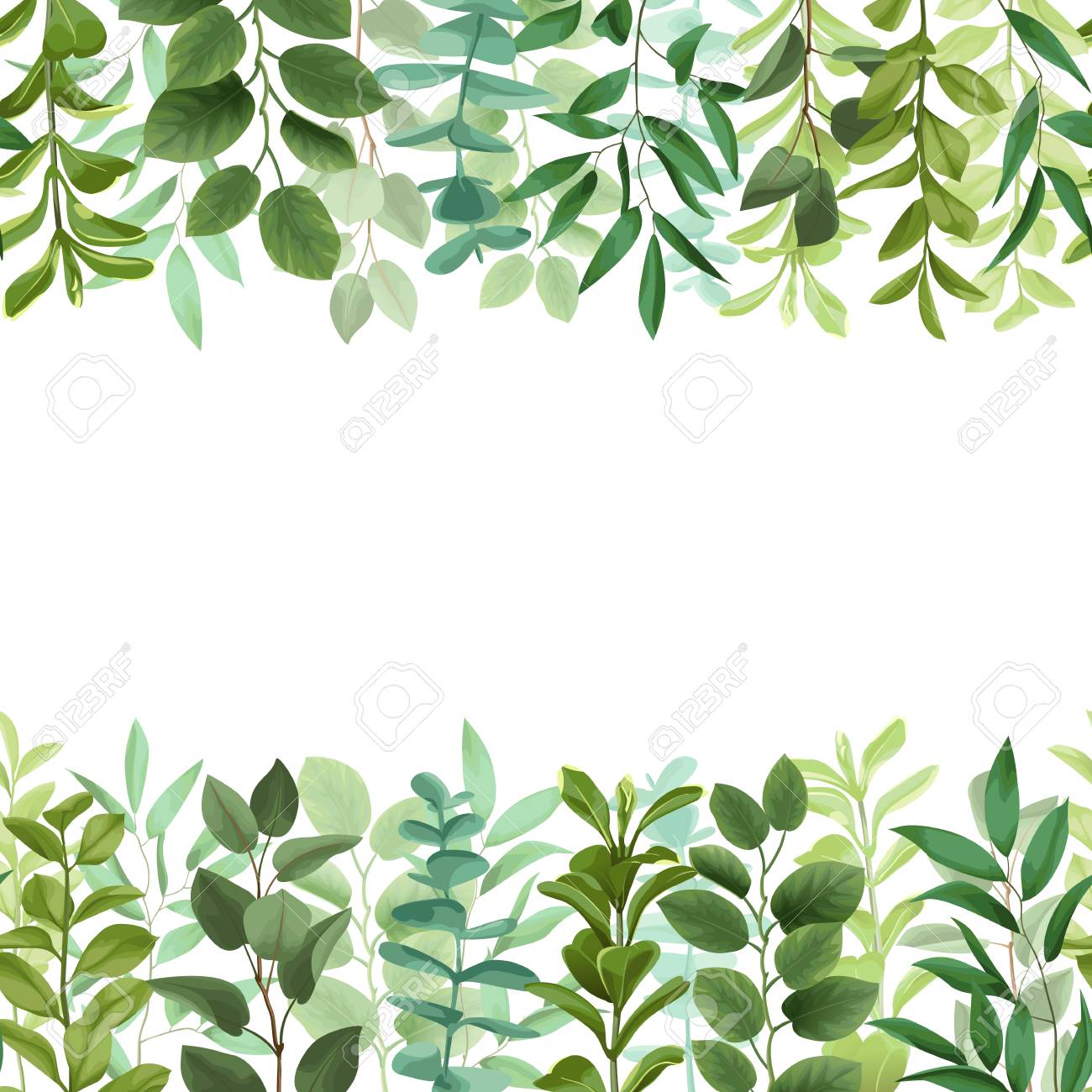 Greenery leaf seamless double border illustration on white background..