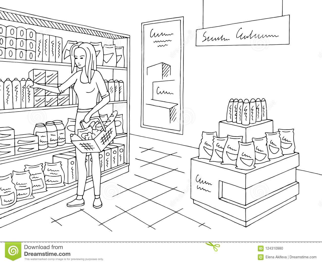 Grocery Store Shop Interior Black White Graphic Sketch Illustration.