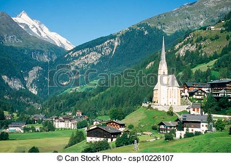 Stock Photography of Town of Heiligenblut and Grossglockner in.