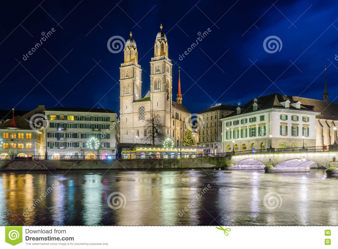 View On Grossmunster Church And Zurich Downtown Royalty Free Stock.
