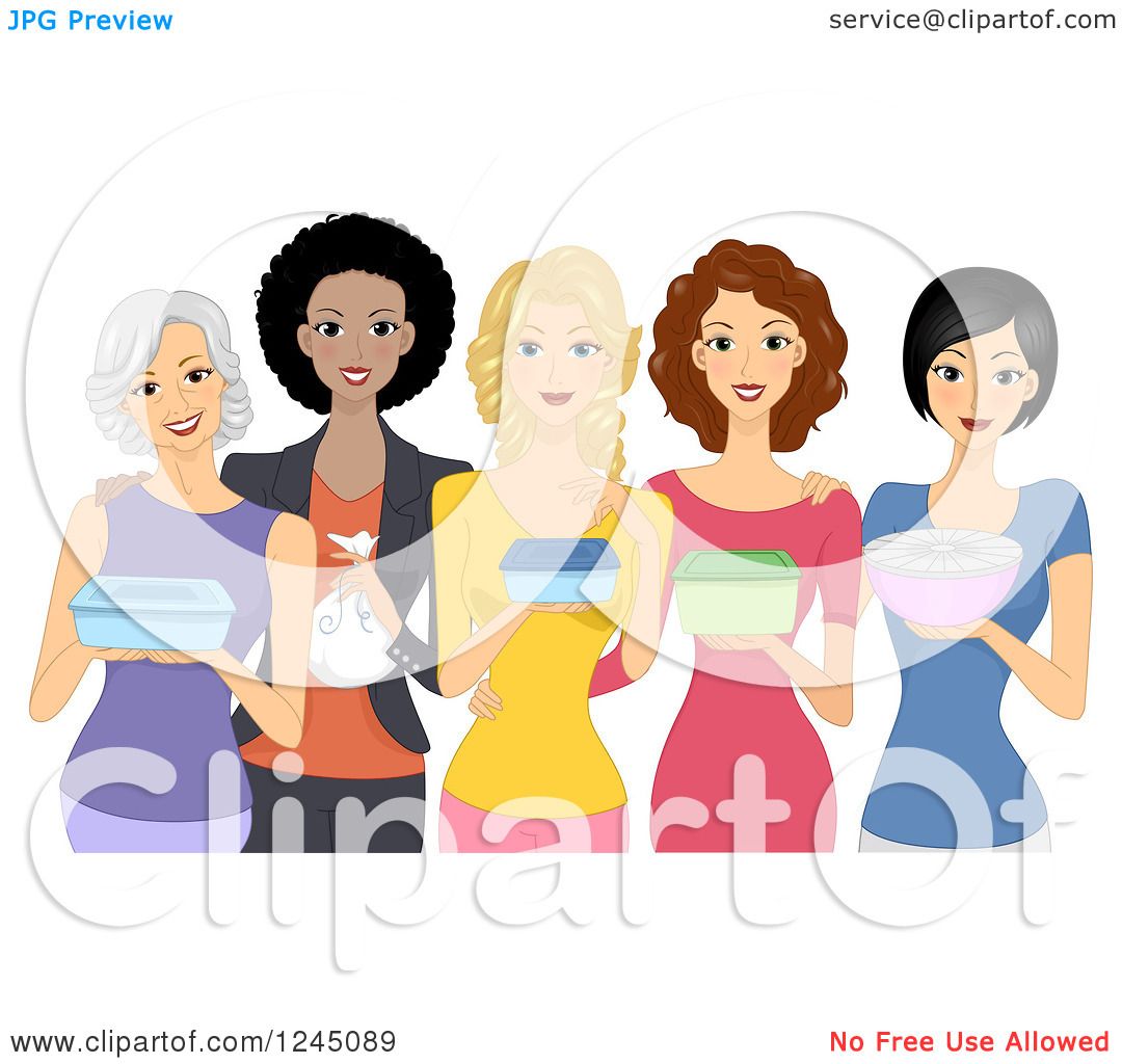 Clipart of a Group of Diverse Women Carrying Food Dishes for a Pot.