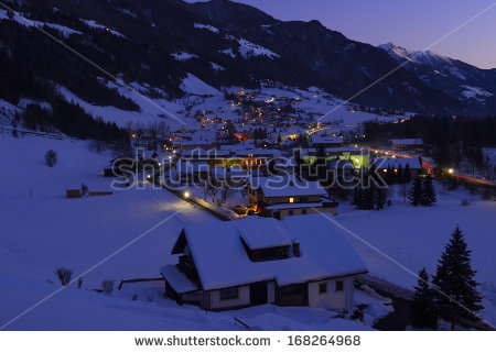 Alpine Village Heiligenblut Night Winter Hohe Stock Photo.