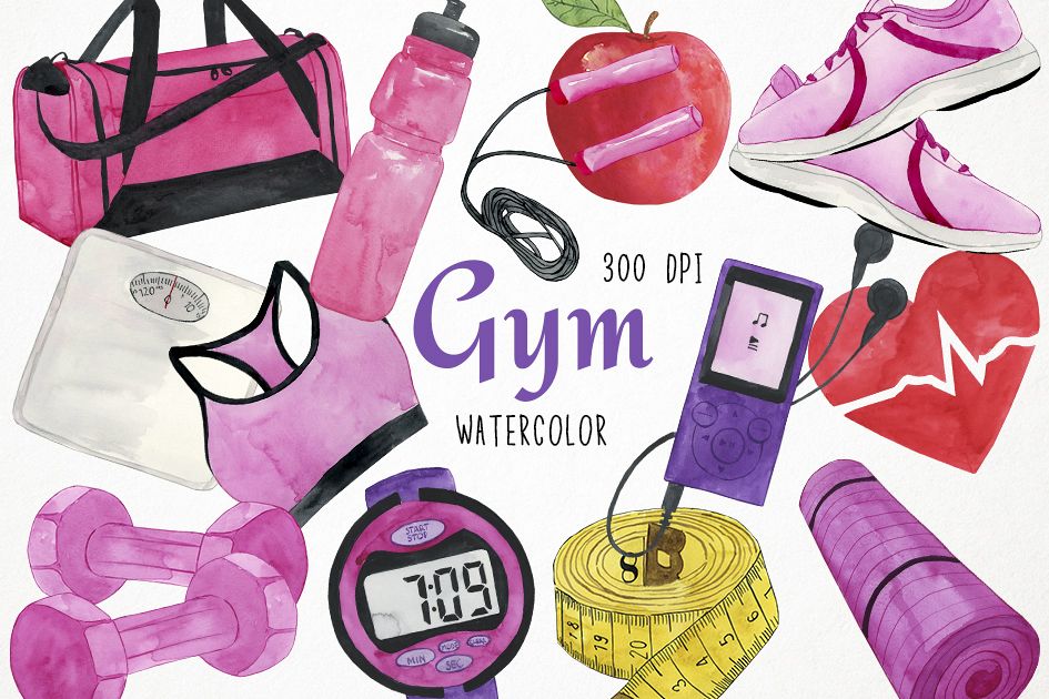 Watercolor Gym Clipart, Training Clipart, Fitness Clipart.