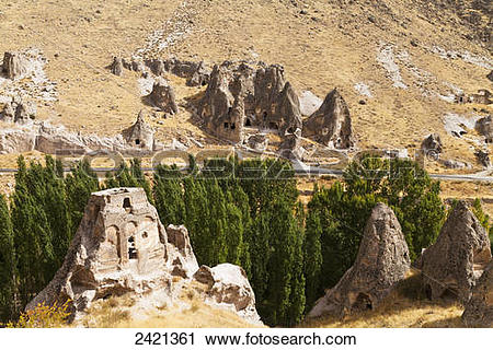 Stock Photography of Fairy chimneys and trees in an arid landscape.