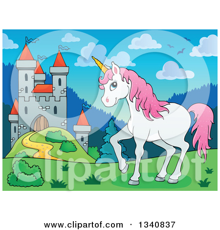 Clipart of a Cartoon White Unicorn with Pink Hair, Standing on a.