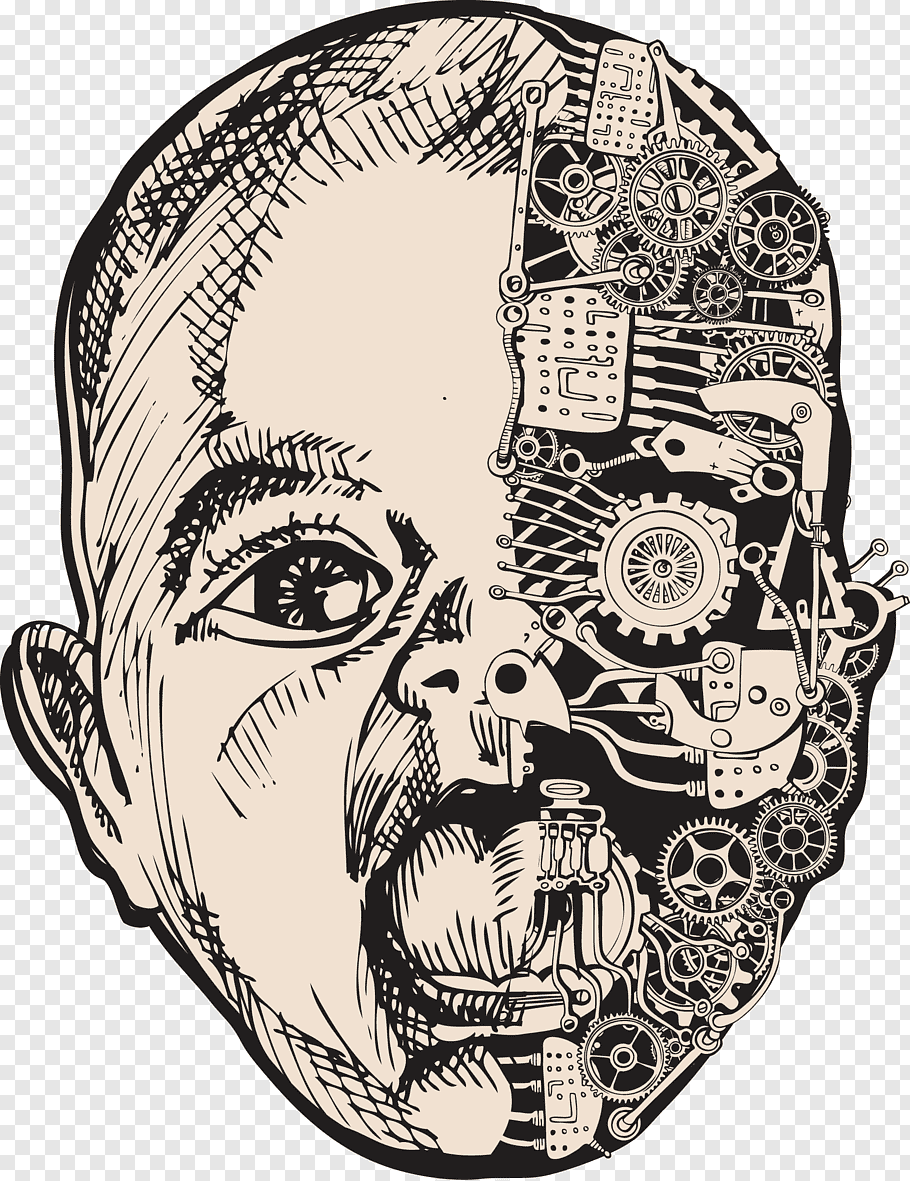 Human head illustration, Robot Drawing Cyborg Face, Sketch.
