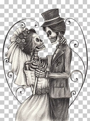 Calavera Day of the Dead Bridegroom Drawing, Skeleton Bride.