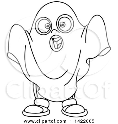 Clipart of a Cartoon Black and White Lineart Kid in a Ghost.