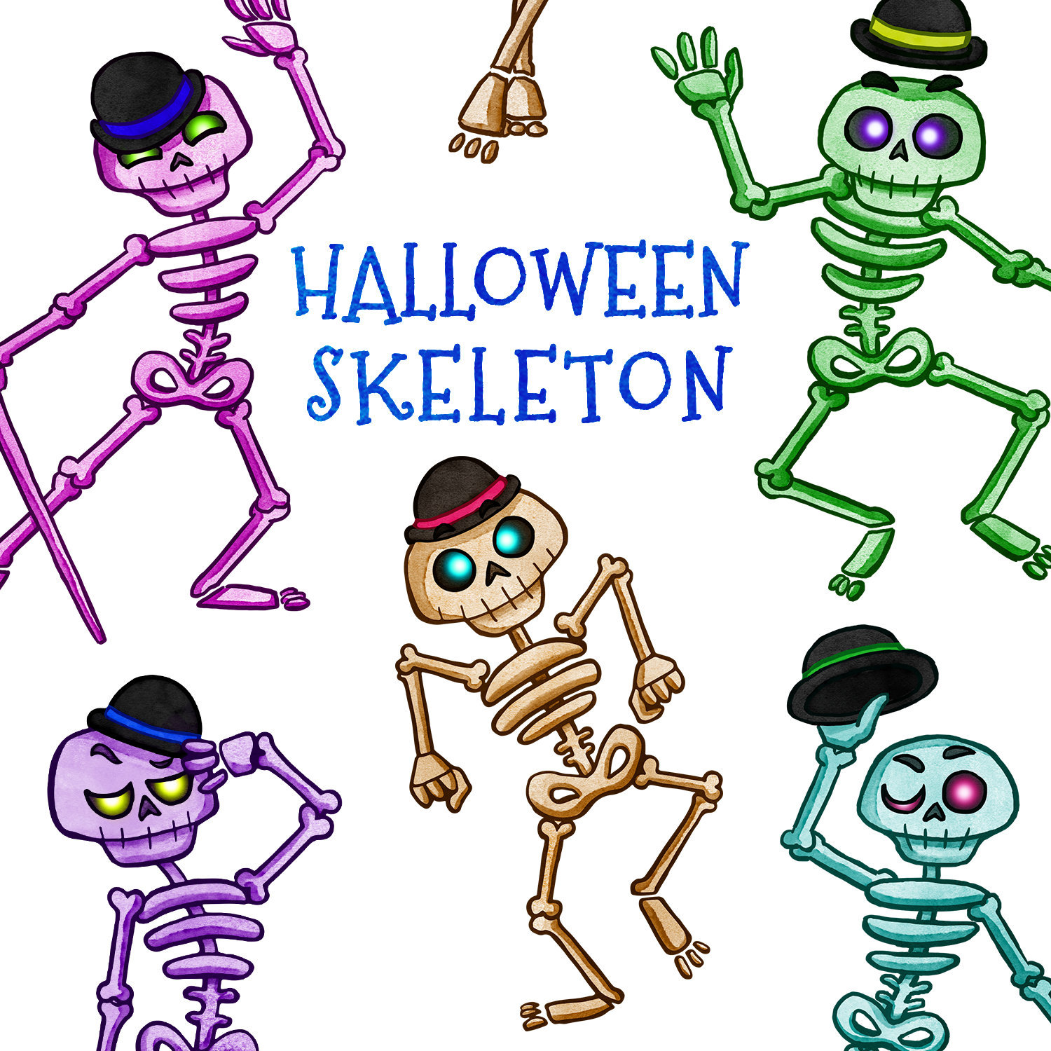 Halloween Skeleton Clipart. Instant Digital Download. Watercolor, dancing  skeleton, colorful, printable PNG.