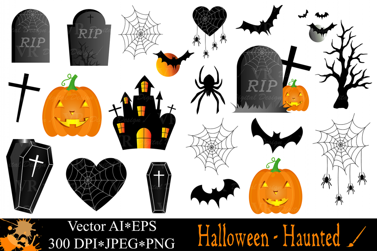 Halloween clipart with Haunted House, Haunted Tree, Pumpkins, Coffin, Bats,  Spider Halloween illustrations Halloween vector graphics.