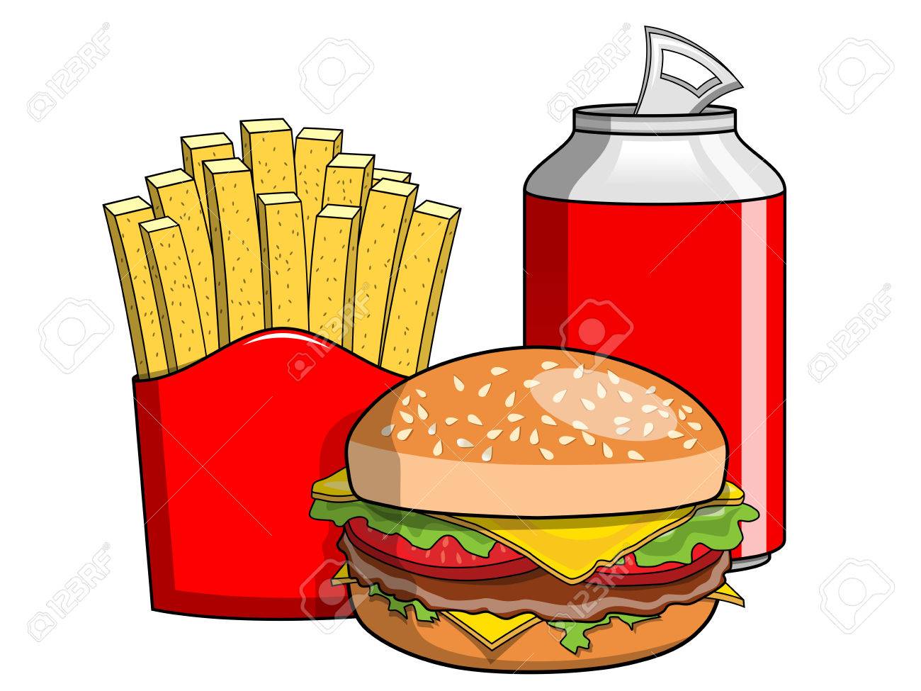 Hamburger french fries and coke can isolated.