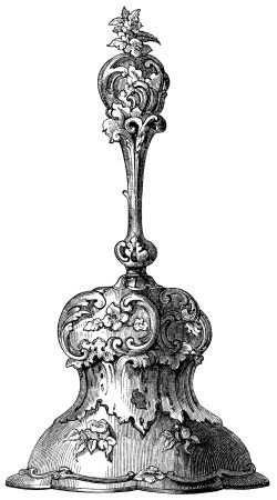 antique hand bell illustration, black and white clipart, old.