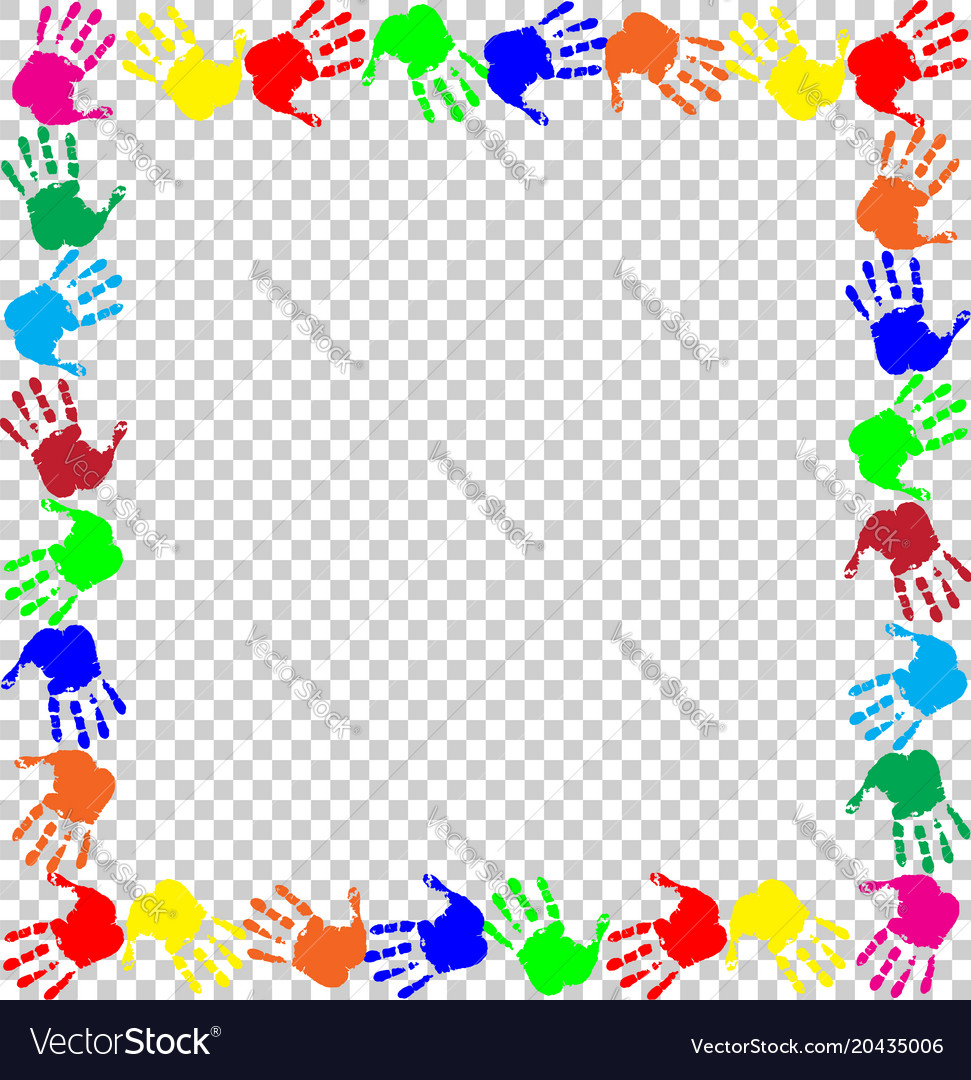Rainbow frame with multicolored handprints border.