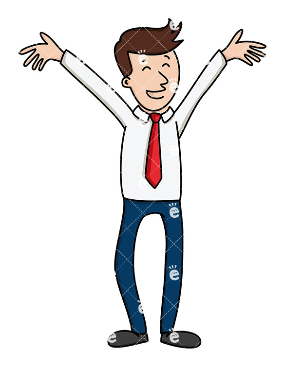 A Businessman Beaming With Joy, Waving His Hands High In the Air.