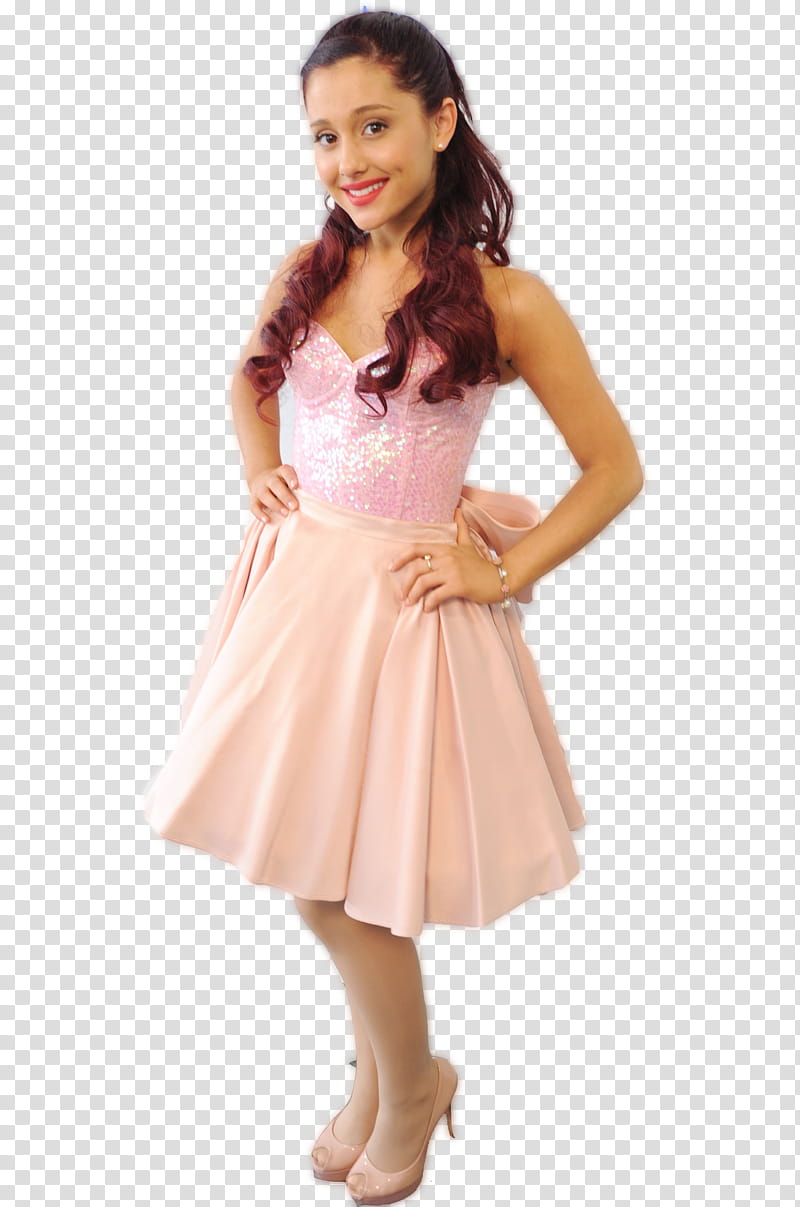 Ariana Grande, smiling woman wearing pink satin dress while.