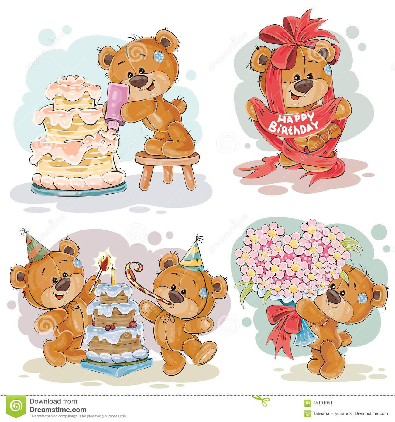Clip Art Illustrations Of Teddy Bear Wishes You A Happy Birthday.