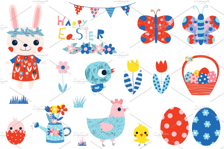 Cute Happy Easter clipart set.