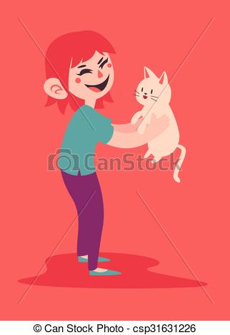 Vector Illustration of Happy Girl Holding her Pet Cat.