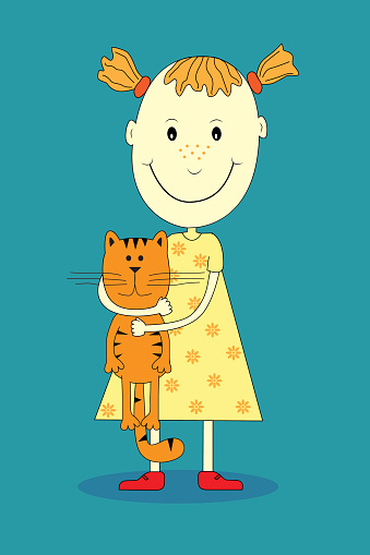 Drawing Of A Girl Holding Cat Clip Art, Vector Images.